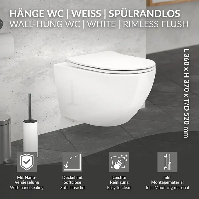 LuxeBath Wand-WC Weiß mit Nano Beschichtung lang Tiefspüler Lotus Effekt - Weiß - Weißes spülrandloses Wand-WC mit Soft-Close-Deckel und Nanobeschichtung für leichte Reinigung.