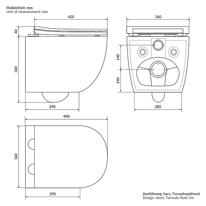 LuxeBath Wand-WC ohne Spülrand Schwarz, Tornadospülung, Softclose-Klodeckel - Schwarz - Technische Zeichnung einer kurzen, spülrandlosen Toilette mit Maßen für die Installation.