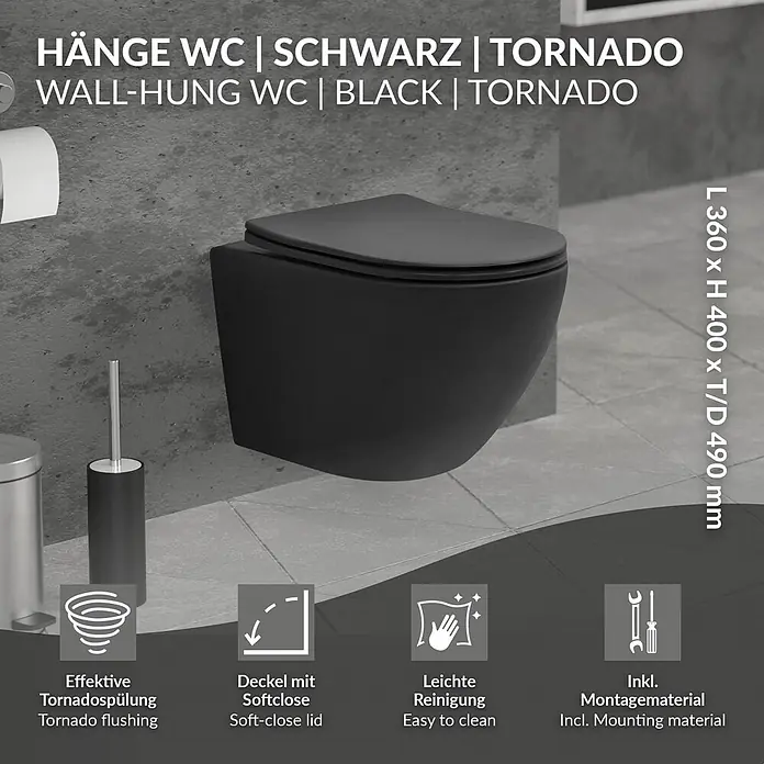 LuxeBath Wand-WC ohne Spülrand Schwarz, Tornadospülung, Softclose-Klodeckel - Schwarz - Schwarzes Hänge-WC mit geschlossenem Deckel.