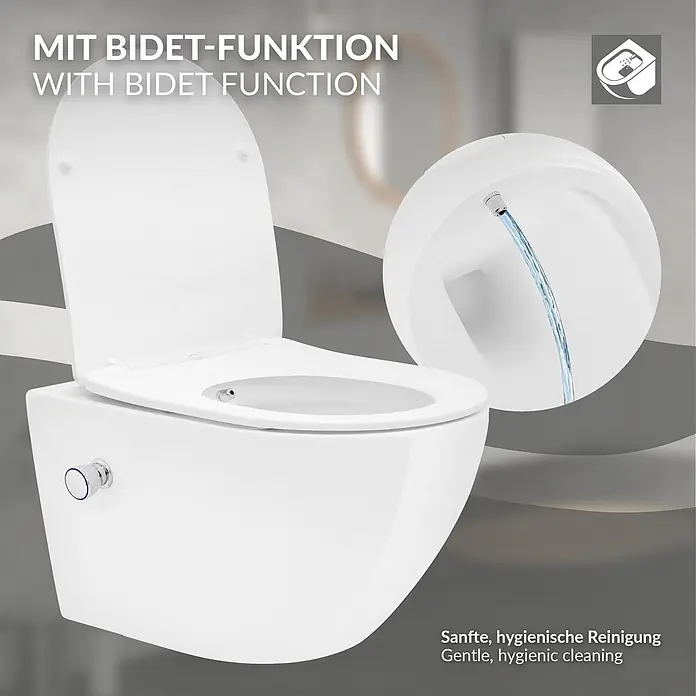 LuxeBath Wand-WC lang mit Bidet-Funktion & Nano Beschichtung Tornadospülung - Weiß - Weißes Wand-WC mit Bidet-Funktion. Eine integrierte Düse sprüht Wasser für eine sanfte, hygienische Reinigung.