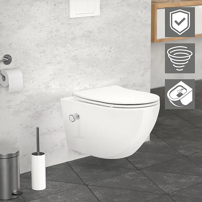 LuxeBath Wand-WC lang mit Bidet-Funktion & Nano Beschichtung Tornadospülung - Weiß - Weißes wandhängendes WC mit Bidetfunktion in einem modernen Bad, angezeigt durch Icons für Schutz, kraftvolle Spülung und integriertes Bidet.