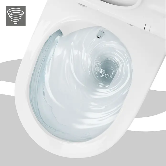 LuxeBath Wand-WC lang mit Bidet-Funktion & Nano Beschichtung Tornadospülung - Weiß - Weiße Toilettenschüssel mit kraftvoller, wirbelnder Wasserspülung. Ein Tornado-Symbol steht für die Vortex-Technologie.