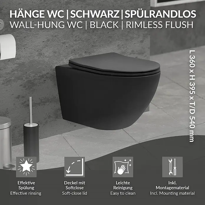 LuxeBath Wand-WC lang Schwarz matt Duroplast Tiefspüler - Spülrandlos, Spülform: Tief, WC Abgang: Waagerecht, Schwarz - Schwarzes wandhängendes WC mit spülrandloser Spülung und Softclose-Deckel.