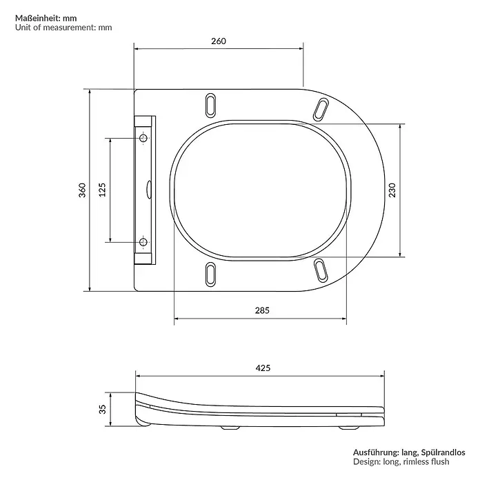LuxeBath Wand-WC lang Schwarz matt Duroplast Tiefspüler - Spülrandlos, Spülform: Tief, WC Abgang: Waagerecht, Schwarz - Maßzeichnung eines langen WC-Sitzes: 425mm Länge, 285mm Breite, 35mm Höhe, 260mm Befestigungsabstand.