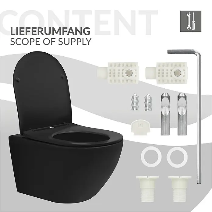LuxeBath Wand-WC lang Schwarz matt Duroplast Tiefspüler - Spülrandlos, Spülform: Tief, WC Abgang: Waagerecht, Schwarz - Schwarze wandhängende Toilette mit offenem Deckel, präsentiert mit komplettem Installationszubehör.