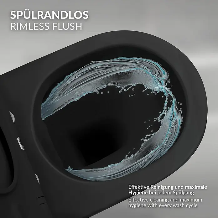 LuxeBath Wand-WC kurz Schwarz matt Duroplast Tiefspüler - Spülrandlos, Spülform: Tief, WC Abgang: Waagerecht, Schwarz - Schwarze spülrandlose Toilettenschüssel mit kräftig spülendem Wasser, das die leistungsstarke und hygienische Reinigung demonstriert.