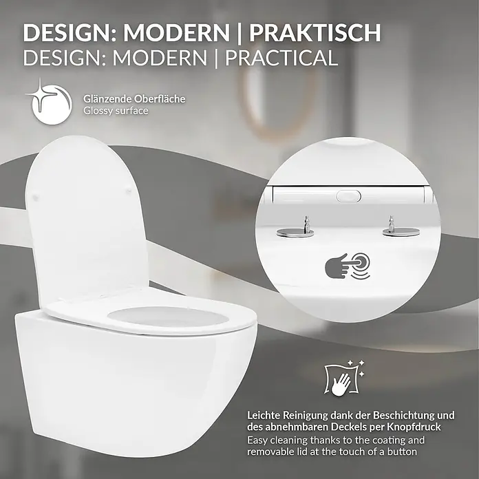 LuxeBath Wand-WC ohne Spülrand Weiß, Tornadospülung, Softclose-Klodeckel - Weiß - Weißes Hänge-WC mit glänzender Oberfläche und abnehmbarem Deckel zur einfachen Reinigung.