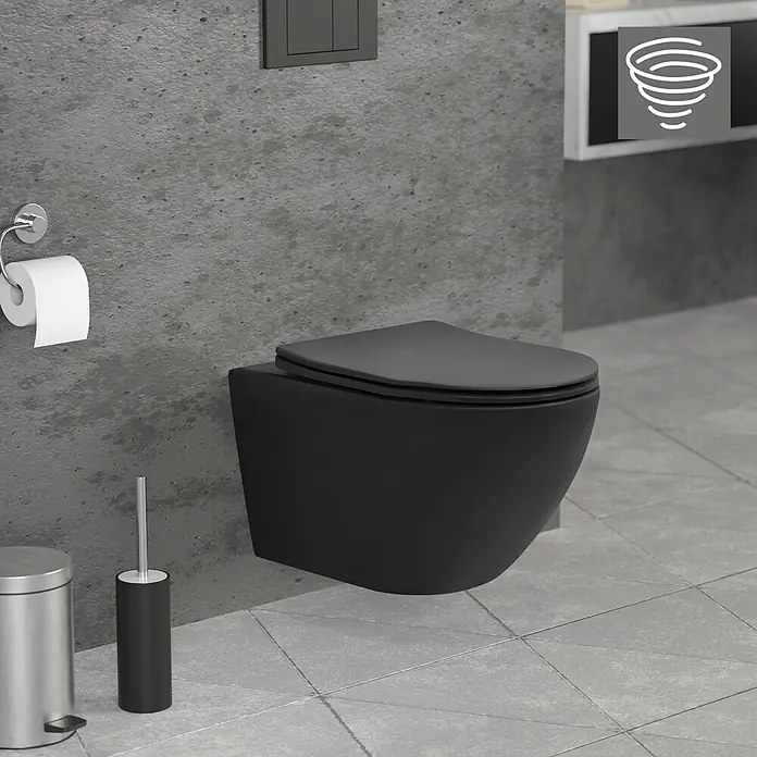 LuxeBath Wand-WC ohne Spülrand Schwarz, Tornadospülung, Softclose-Klodeckel - Schwarz - Matt-schwarzes Wand-WC.
