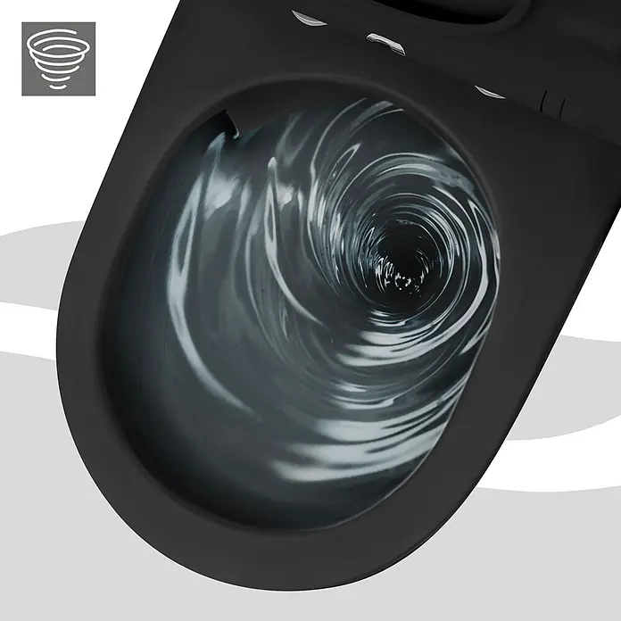 LuxeBath Wand-WC ohne Spülrand Schwarz, Tornadospülung, Softclose-Klodeckel - Schwarz - Schwarzes WC mit kräftiger Wirbelspülung. Ein Tornado-Symbol weist auf das effiziente Spülsystem hin.
