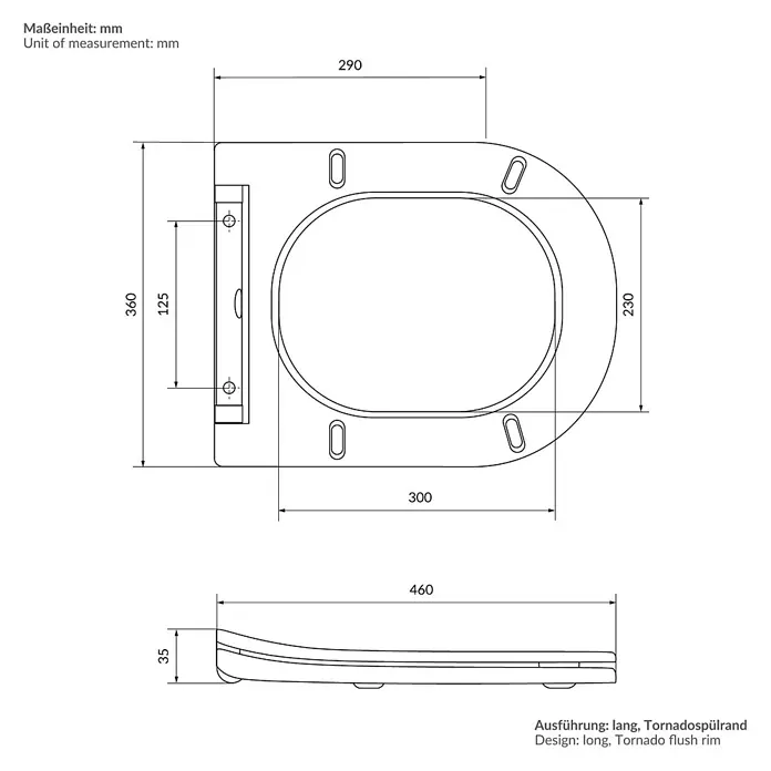 LuxeBath Wand-WC ohne Spülrand Schwarz, Tornadospülung, Softclose-Klodeckel - Schwarz - Technische Zeichnung eines Toilettensitzes mit Maßen. Draufsicht und Seitenansicht sind dargestellt.