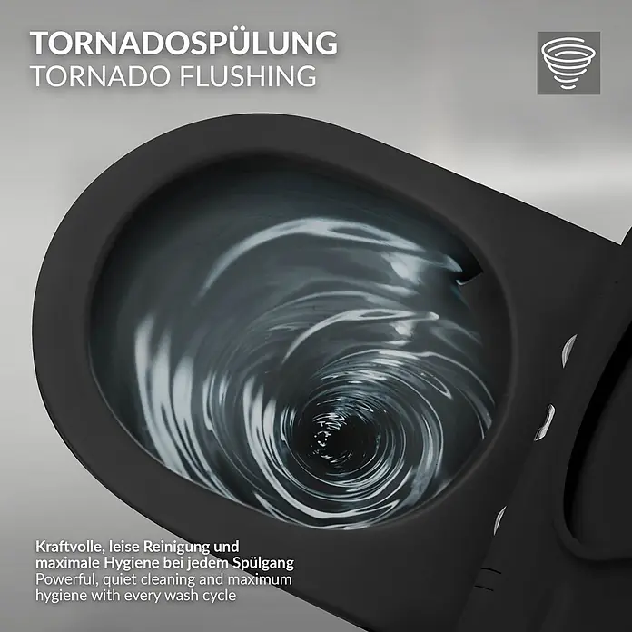 LuxeBath Wand-WC ohne Spülrand Schwarz, Tornadospülung, Softclose-Klodeckel - Schwarz - Schwarze Toilettenschüssel mit kraftvoller Tornado-Spülung für maximale Hygiene.