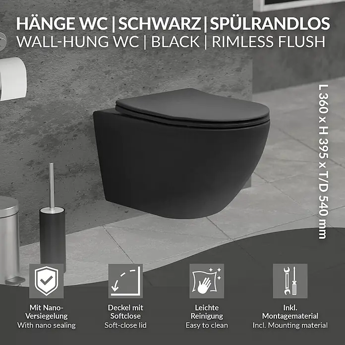 LuxeBath Wand-WC Schwarz matt mit Nano Beschichtung lang Lotus Effekt - Spülrandlos, Mit antibakterieller Glasur, Spülform: Tief, WC Abgang: Waagerecht, Schwarz - Schwarzes Hänge-WC mit spülrandloser Funktion und Softclose-Deckel.