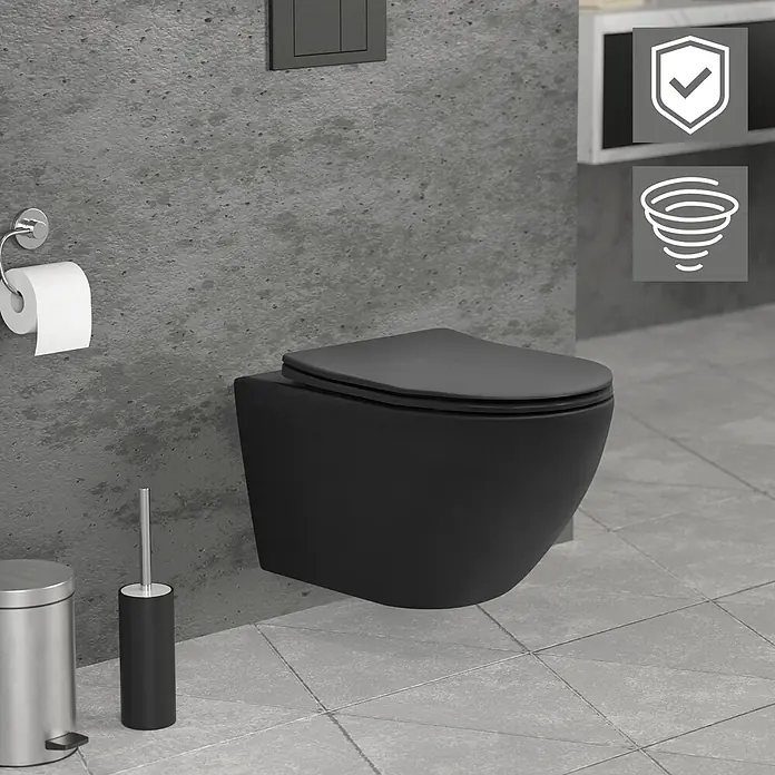 LuxeBath Wand-WC lang ohne Spülrand mit Nano Beschichtung Tornadospülung - Schwarz - Mattschwarze wandhängende Toilette mit geschlossenem Deckel in einem modernen Badezimmer.