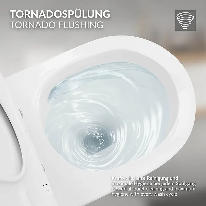 LuxeBath Wand-WC ohne Spülrand Weiß, Tornadospülung, Softclose-Klodeckel - Weiß - Weiße Toilettenschüssel mit kraftvollem Tornado-Spülsystem, das wirbelndes Wasser zeigt.