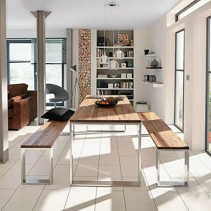 Noblewood Pur Iternal Tischbein - 350 x 80 x 422 mm, Silber, 2 Stk. - Ein Esstisch mit Holztischplatte und Metallgestell, umgeben von Bänken im modernen Design.