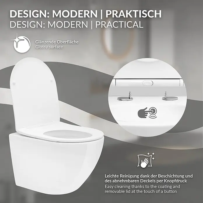 LuxeBath Wand-WC Weiß mit Nano Beschichtung kurz Tiefspüler Lotus Effekt - Spülrandlos, Spülform: Tief, WC Abgang: Waagerecht, Weiß - Weißes wandhängendes WC mit glänzender Oberfläche und abnehmbarem Deckel zur einfachen Reinigung.
