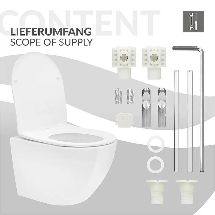 LuxeBath Wand-WC ohne Spülrand Weiß, Tornadospülung, Softclose-Klodeckel - Weiß - Weißes wandhängendes WC mit offenem Deckel, dazu diverse Installationsteile: Scharniere, Schrauben, Inbusschlüssel und Kunststoffteile.