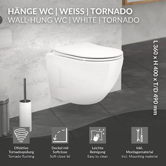 LuxeBath Wand-WC ohne Spülrand Weiß, Tornadospülung, Softclose-Klodeckel - Weiß - Weißes Hänge-WC mit Soft-Close-Deckel und Tornadospülung, wandmontiert.