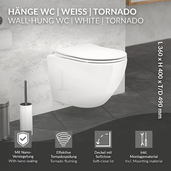 LuxeBath Wand-WC kurz ohne Spülrand mit Nano Beschichtung Tornadospülung - Weiß - Weißes Hänge-WC mit Soft-Close-Deckel, Nanobeschichtung und Tornado-Spülung.