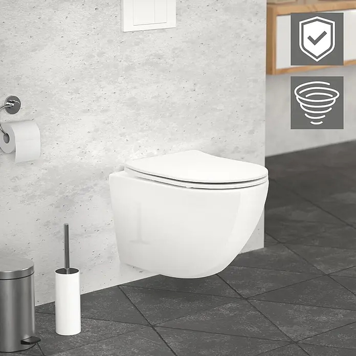 LuxeBath Wand-WC kurz ohne Spülrand mit Nano Beschichtung Tornadospülung - Weiß - Weißes, wandhängendes WC mit schlankem Design in einem modernen Badezimmer.