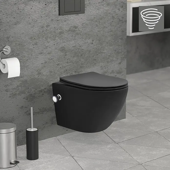 LuxeBath Wand-WC mit Bidet-Funktion, Tornadospülung, Softclose-Klodeckel - Schwarz - Mattschwarzes wandhängendes WC mit Soft-Close-Sitz in einem modernen Badezimmer.