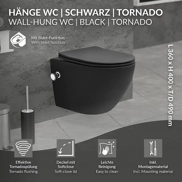 LuxeBath Wand-WC mit Bidet-Funktion, Tornadospülung, Softclose-Klodeckel - Schwarz - Schwarzes wandhängendes WC mit Bidetfunktion und Soft-Close-Deckel.