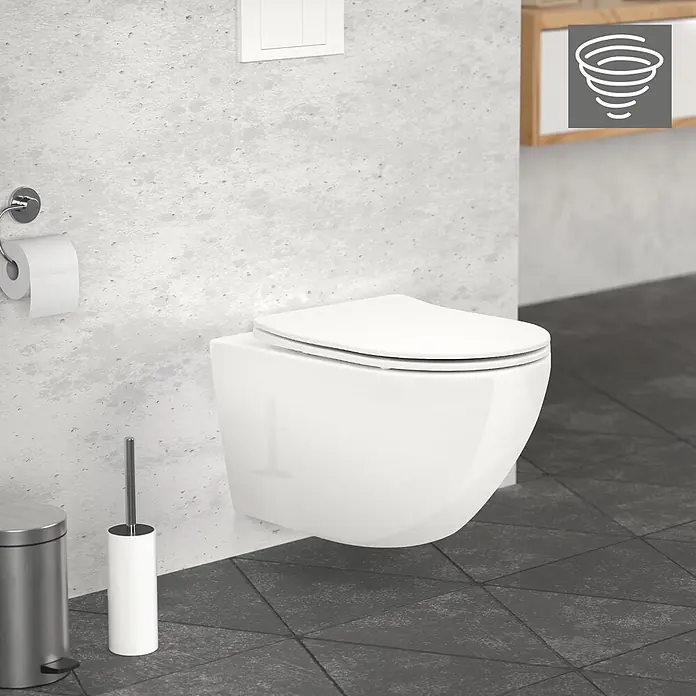 LuxeBath Wand-WC ohne Spülrand Weiß, Tornadospülung, Softclose-Klodeckel - Weiß - Wandhängendes weißes WC mit Spülkasten in einem modernen Bad, mit Tornado-Spülungs-Symbol.