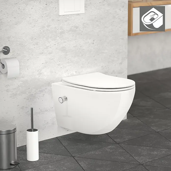 LuxeBath Wand-WC lang Weiß mit Bidet Funktion Toilettensitz Duroplast - Spülrandlos, Spülform: Tief, WC Abgang: Waagerecht, Weiß - Moderne weiße Wandtoilette mit Bidetfunktion.