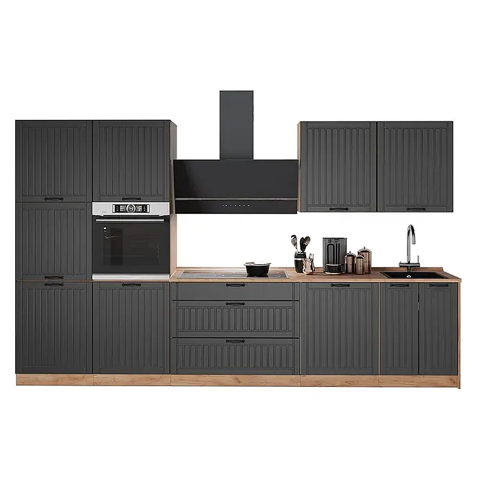 Vicco Küchenzeile - Breite: 340 cm, Dunkelgrau, Ohne Elektrogeräte - Dunkelgraue Einbauküche mit Holz-Arbeitsplatte, integriertem Backofen, Kochfeld, Spüle und Dunstabzugshaube.