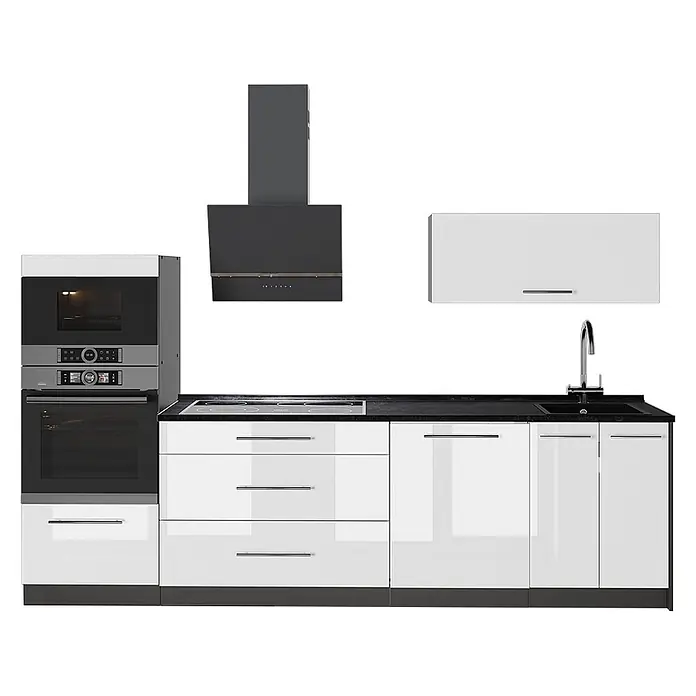 Vicco Küchenzeile - Breite: 280 cm, Weiß Hochglanz, Ohne Elektrogeräte - Moderne weiße Hochglanzküchenzeile mit schwarzer Arbeitsplatte, integriertem Backofen, Mikrowelle, Kochfeld, Spüle und dunkler Dunstabzugshaube.