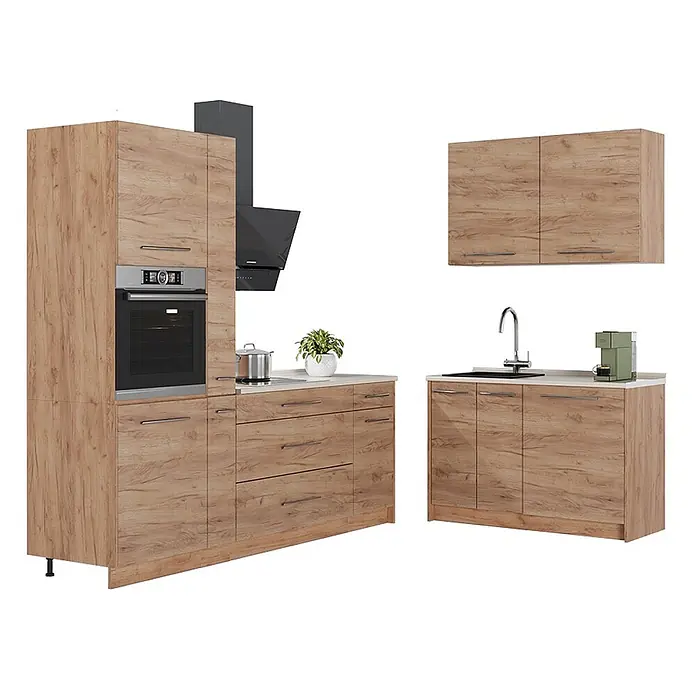 Küchenzeile Fame-Line 220 cm Goldkraft Eiche Art.-Nr. 64985 -  - Modulare Küchenzeile in heller Holzoptik, mit Einbaubackofen, Spüle und verschiedenen Schränken.
