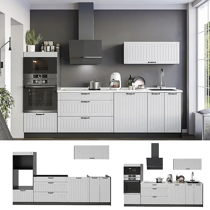 Vicco Küchenzeile - Breite: 280 cm, Weiß Landhaus, Ohne Elektrogeräte - Moderne weiße Küche mit geriffelten Schrankfronten und schwarzen Griffen, mit integrierten grauen Geräten in einem zeitgenössischen Ambiente.