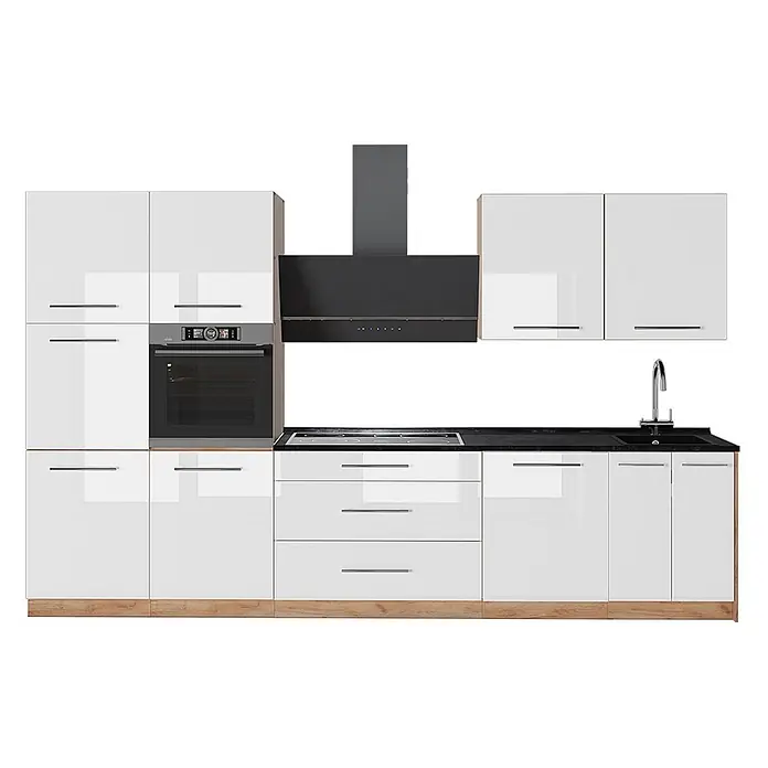 Küchenzeile Fame-Line 340 cm Weiß Hochglanz Art.-Nr. 64608 -  - Moderne weiße Hochglanz-Küchenmöbel mit schwarzer Arbeitsplatte, integriertem Backofen, Kochfeld, Spüle und Dunstabzugshaube.
