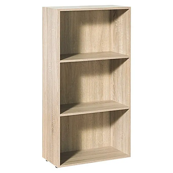 Regalux Holzregal Trio - H x B x T: 115,2 x 60 x 30,4 cm, Traglast pro Boden: 5 kg, Anzahl Böden: 2 Stk., Schrauben, Eiche - Ein Foto von einem hellen Holzregal mit drei Regalböden. Ideal zur Aufbewahrung von Büchern oder zur Dekoration Ihres Wohnraums.