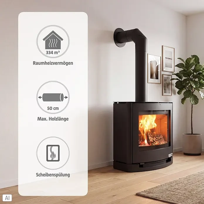 Aduro Kaminofen 15-3 - 6,5 kW, Raumheizvermögen: 334 m³, Material Verkleidung: Stahl, Schwarz - Dunkelgrauer Kaminofen mit brennendem Feuer in modernem Raum. Anzeigen für 334 m³ Heizvermögen, max. 50 cm Holzlänge und Scheibenspülung.