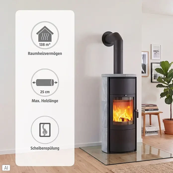 Hark Kaminofen Keno ECOplus - 5 kW, Raumheizvermögen: 138 m³, Material Verkleidung: Stahl, Grau - Schwarzer Kaminofen mit grauer Steinverkleidung, sichtbarem Feuer, schwarzem Rauchrohr und Anzeigen für 138 m³ Heizvolumen, 25 cm Holzlänge, Scheibenspülung.