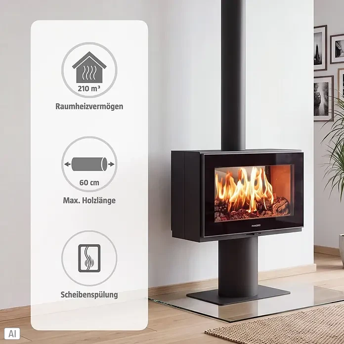 Panadero Kaminofen Etoile Ecodesign - 7 kW, Raumheizvermögen: 210 m³, Schwarz Metallic - Ein moderner schwarzer Kaminofen mit brennendem Feuer, elegant in einem Raum installiert. Heizt 210 m³ und fasst 60 cm Holzscheite.