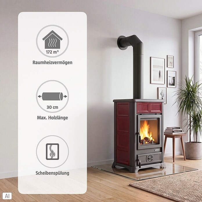 La Nordica Kaminofen Jennifer (6 kW, Raumheizvermögen: 172 m³, Verkleidung: Keramik, Schwarz/Bordeaux)