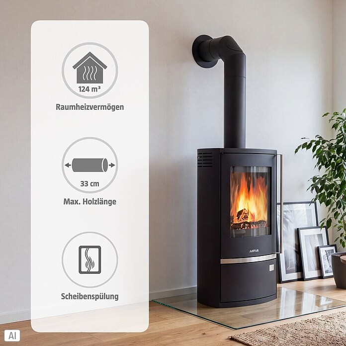 Justus Kaminofen Reno R (6 kW, Raumheizvermögen: 124 m³, Verkleidung: Stahl, Schwarz)