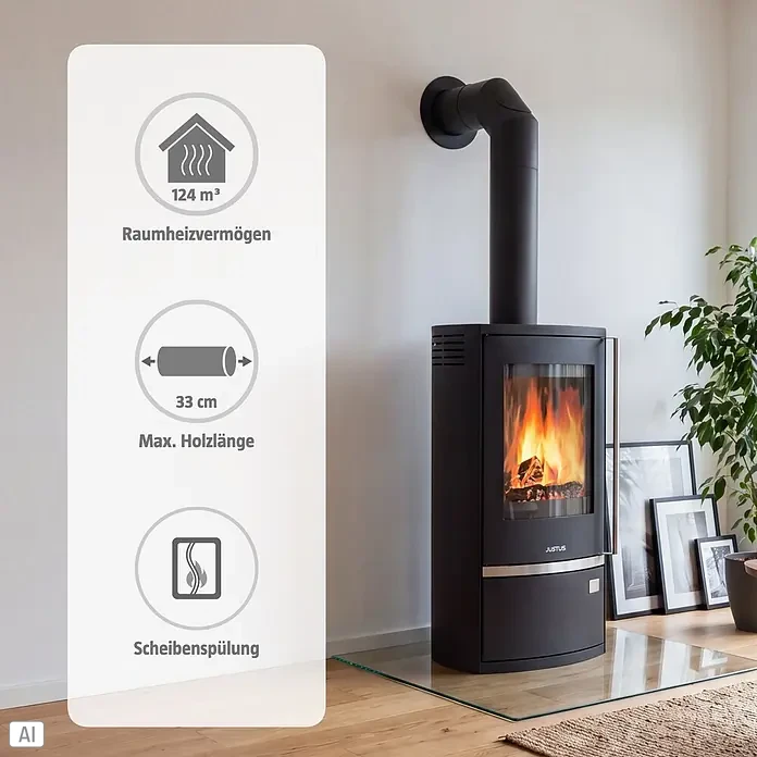 Justus Kaminofen Reno R - 6 kW, Raumheizvermögen: 124 m³, Material Verkleidung: Stahl, Schwarz - Schwarzer Kaminofen mit sichtbarem Feuer und Rauchrohr in einem modernen Wohnraum.