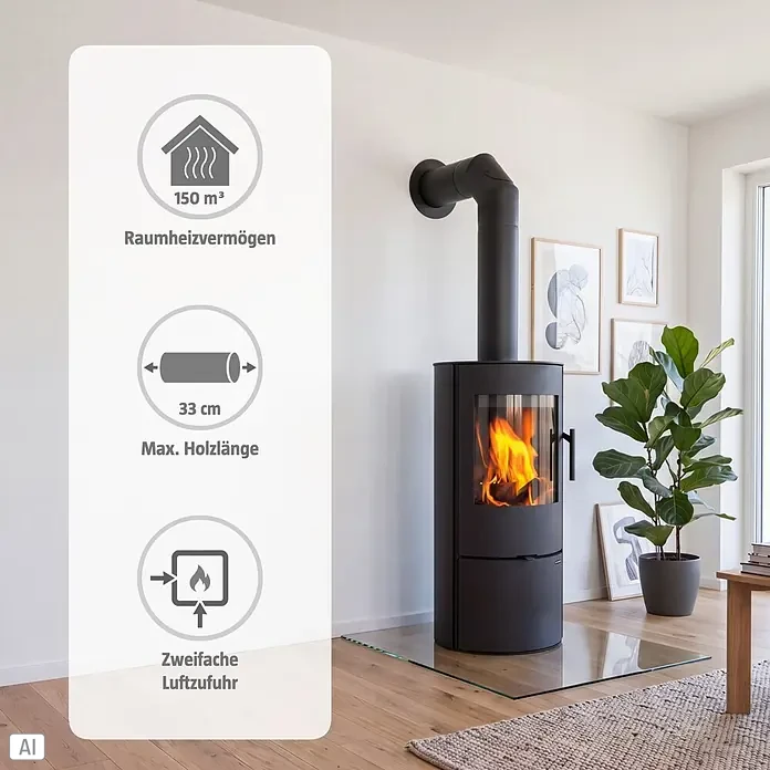 Kaminofen Ardor - 3 kW - 8 kW, Raumheizvermögen: 150 m³, Material Verkleidung: Stahl, Schwarz - Schwarzer Kaminofen mit brennendem Feuer im modernen Wohnzimmer, beheizt bis zu 150 m³, für Holzscheite bis 33 cm und mit doppelter Luftzufuhr.