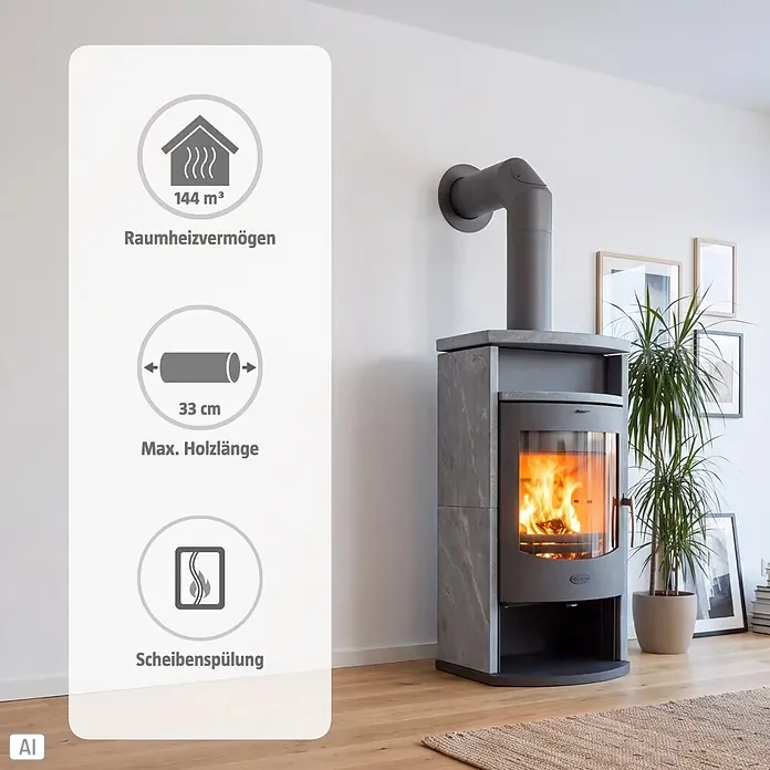 Fireplace Kaminofen Barcelona - 8,1 kW, Raumheizvermögen: 144 m³, Material Verkleidung: Speckstein, Schwarz - Dunkelgrauer Kaminofen mit Steinverkleidung, brennendes Feuer. Heizleistung 144 m³, max. Holzlänge 33 cm, mit Scheibenspülung.