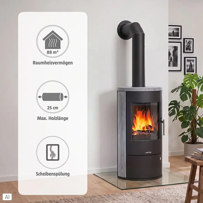Justus Kaminofen Austin 5 - 5 kW, Raumheizvermögen: 88 m³, Material Verkleidung: Speckstein, Schwarz/Speckstein - Schwarzer Kaminofen mit grauer Steinplatte und -seiten, mit Flammen. Ein Overlay zeigt 88 m³ Heizleistung, 25 cm max. Holzlänge, Scheibenspülung.