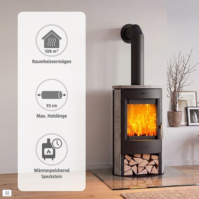Fireplace Kaminofen Zaria Speckstein (6 kW, Raumheizvermögen: 108 m³, Material Abdeckung: Speckstein, Grau/Schwarz)