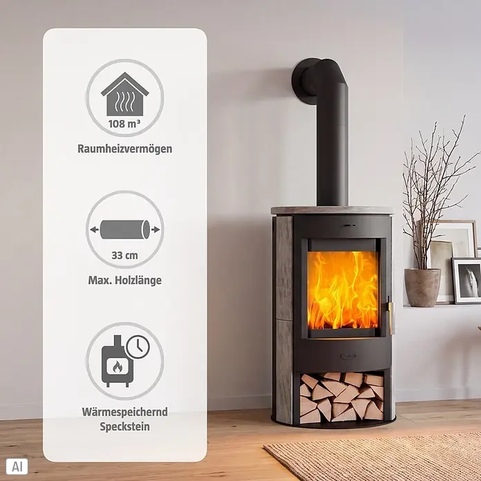 Fireplace Kaminofen Zaria - 6,6 kW, Raumheizvermögen: 108 m³, Material Verkleidung: Speckstein, Schwarz - Moderner dunkelgrauer Kaminofen mit Holzoptik-Verkleidung und Specksteinplatte, brennendem Feuer und Holzscheit-Lagerung. 108 m³ Heizleistung, 33 cm max. Holzlänge.