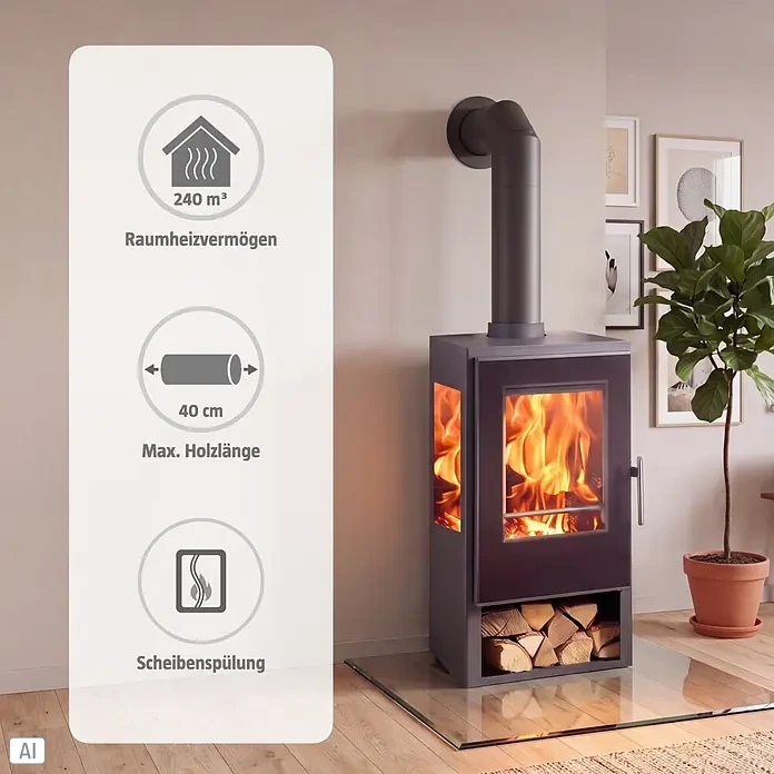 Panadero Kaminofen Andes 3V Ecodesign - 8 kW, Raumheizvermögen: 240 m³, Material Verkleidung: Stahl, Schwarz Metallic - Dunkelgrauer Kaminofen mit Glastür, sichtbaren Flammen und Holzlager, Heizleistung 240 m³, in einem Wohnraum gezeigt.