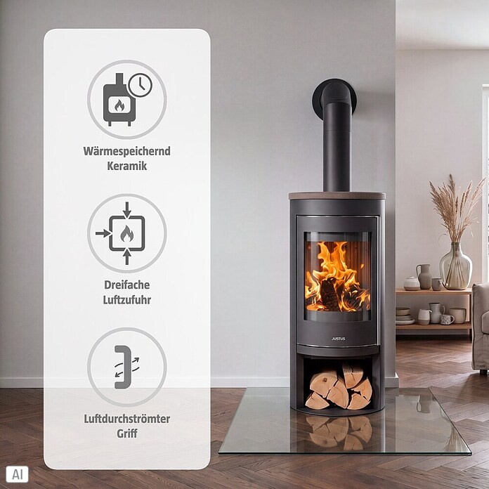 Justus Kaminofen Mino 2.0 (5 kW, Raumheizvermögen: 88 m³, Material Abdeckung: Keramik, Schwarz/Braun)