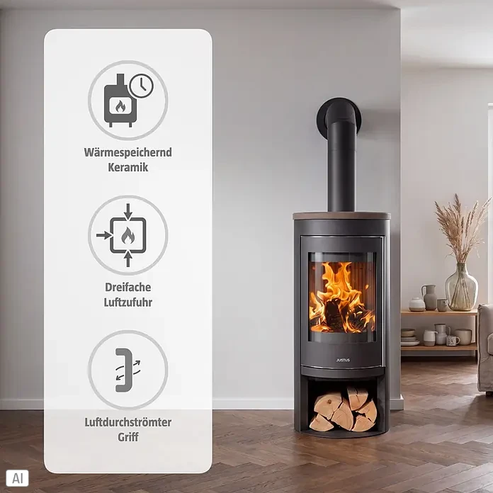 Justus Kaminofen Mino 2.0 - 5,5 kW, Raumheizvermögen: 88 m³, Farbe Verkleidung: Grappa, Schwarz - Dunkelgrauer Kaminofen mit Holzplatte, sichtbaren Flammen, Keramik-Wärmespeicherung, dreifacher Luftzufuhr und luftdurchströmtem Griff.