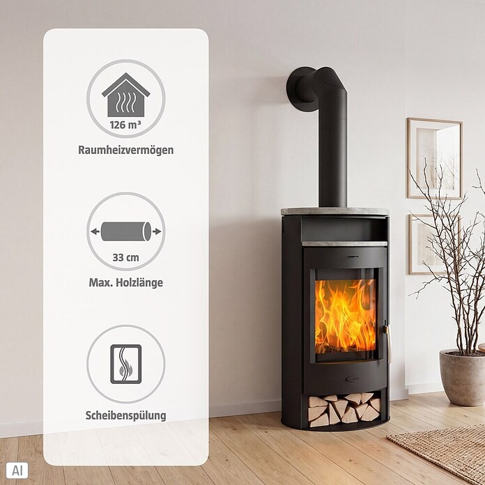 Fireplace Kaminofen Jakarta (6 kW, Raumheizvermögen: 126 m³, Material Verkleidung: Speckstein, Schwarz) | BAUHAUS
