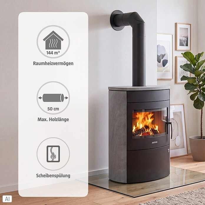 Justus Kaminofen Agero 2.0 (7 kW, Raumheizvermögen: 144 m³, Verkleidung: Speckstein, Schwarz)